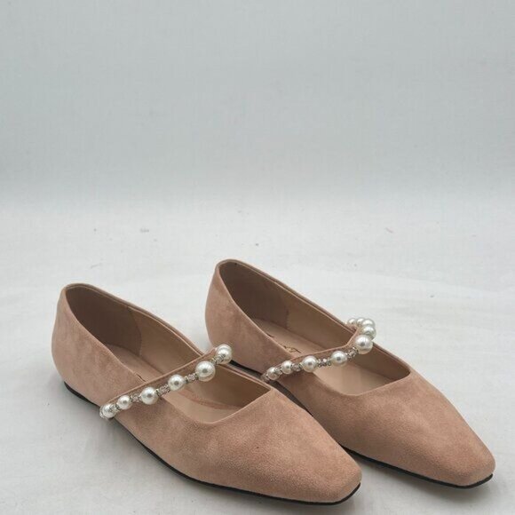 Women Square Toe Slip on Flats Pearl Studded Strap Elegant Pumps Wedding Bride - Picture 1 of 7